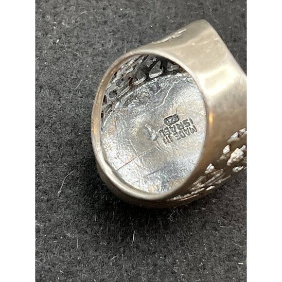 Vintage Sterling Silver Azurite Ring Chunky Open Scrollwork Size 8 Heavy Signed - Picture 7 of 9